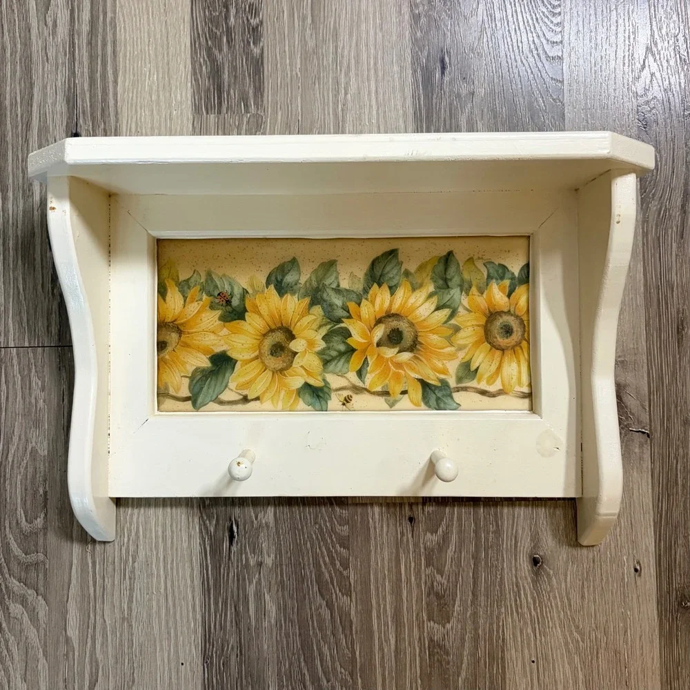 Sunflower Wood Wall Shelf Pegs Hooks Farmhouse‎ Country Cottage 16.5x10.5 READ